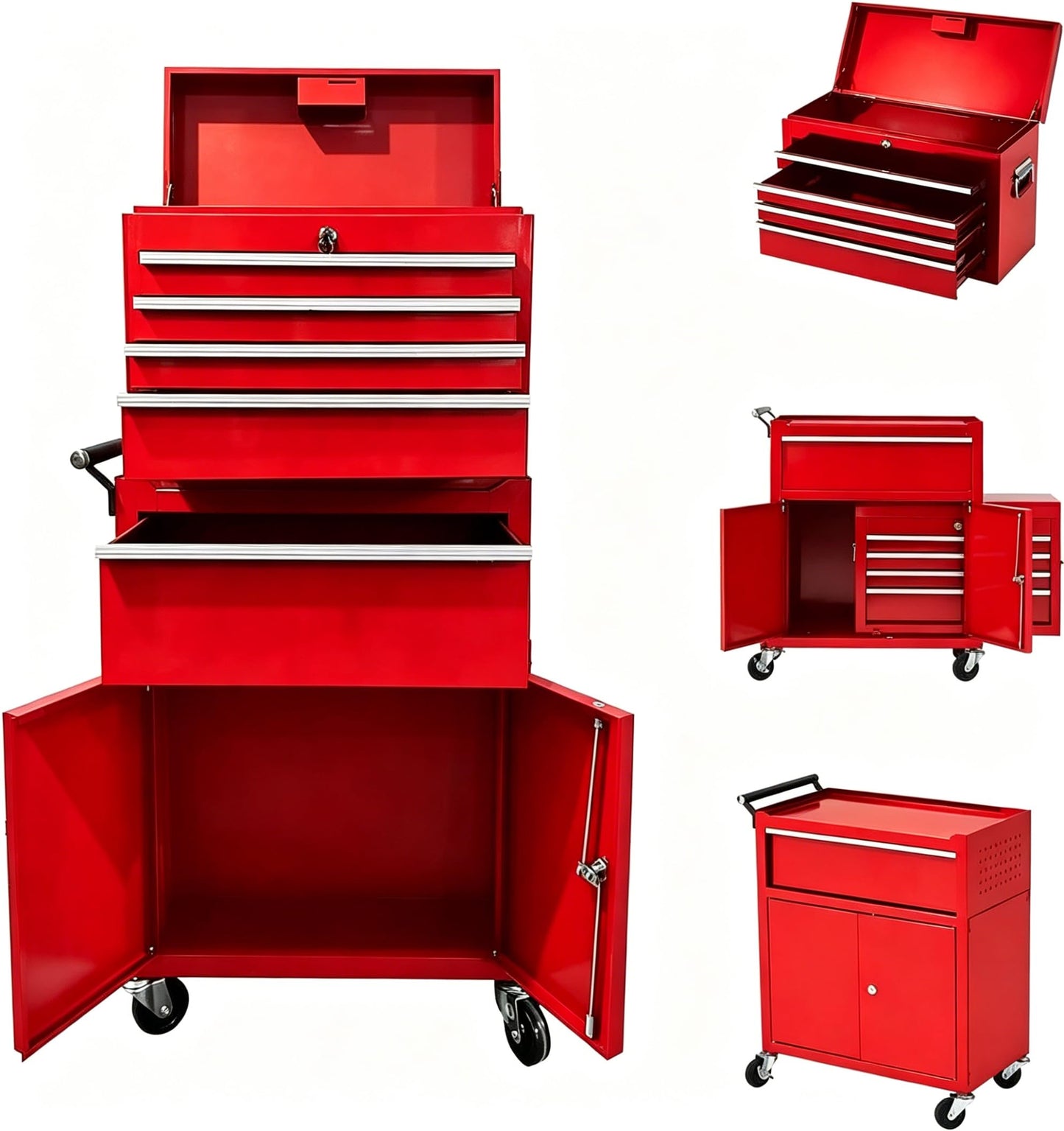 Heavy Duty 5 Drawer Tool Chest, Rolling Tool Box Cabinet on Wheels, 2-in-1 Detachable Metal Tool Storage Organizer for Garage and Workshop, Locking Steel Tool Cart with Portable Top Tool Box, Red