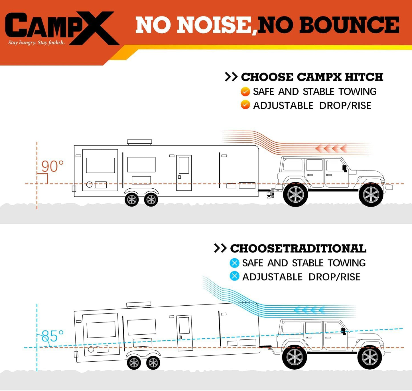 CAMPX Adjustable Trailer Hitch, 6-inch Drop Tow Hitch Fits 2.5-inch Receiver,2 and 2-5/16 inch Balls, 18,500 LBS,Solid Tube Hitch with Anti-Theft Pin, SLV