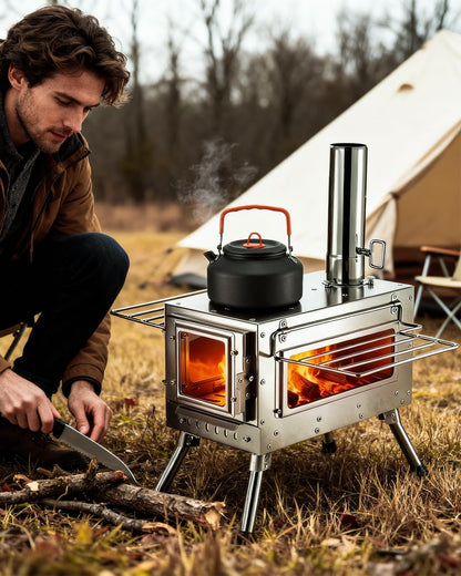 Camping Wood Stove，Wood Burning Tent Stove，Portable Hot Tent Stove for Camping, Hunting, Ice Fishing，Cooking，Shelter