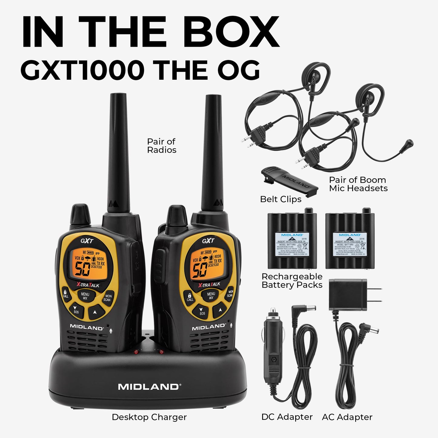 Midland GXT1030VP4 GMRS Two-Way Radio (50-Channel, Long Range, 142 Privacy Codes, SOS, NOAA, Rechargeable Nickel Battery, Black/Yellow, 2-Pack)