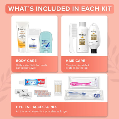 TrekTote Bulk Women’s Hygiene Kits 15 Piece Travel Toiletry Kit with Shampoo Conditioner Body Wash Lotion Deodorant Razor Toothbrush Toothpaste Comb Flossers Swabs Bandages Wipes
