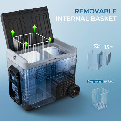 EUHOMY 12 Volt Refrigerator, 47QT(45L) Dual Zone Electric Cooler, Portable Freezer 12V/24V DC 110-240V AC, 12V Fridge -4℉~68℉, 12V Cooler with Wheels & Basket for Travel, Truck, Camping, Boat