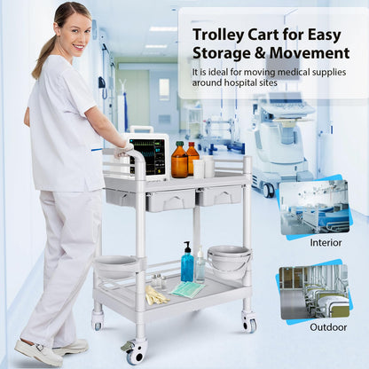 Medical Mobile Trolley Cart 2-Shelf 220 LBS Max Load Rolling Utility Cart Heavy Duty Beauty Salon Storage Cart with Drawers Dirt Buckets Rotate Wheels 2 Brake for Hospital Dental Clinic Home