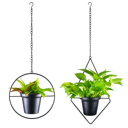 Modern Metal Hanging Planters Set of 2 - Round and Diamond Geometric Plant Hangers with 5 Inch Pots - Black Wall and Ceiling Mount Flower Holders for Indoor Houseplants, Boho Home Décor
