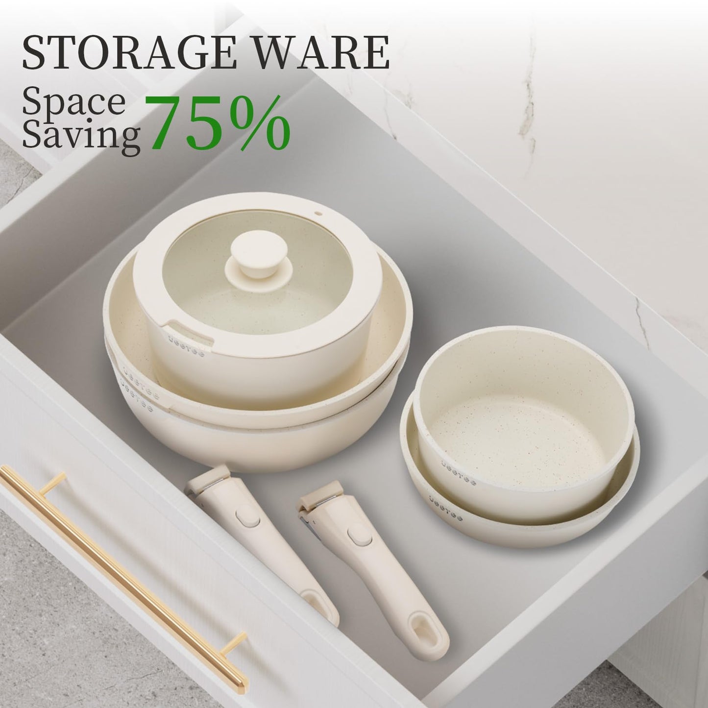 JEETEE Pots and Pan Set Non Stick 19 Pcs, Cookware Set Detachable Handle, RV Kitchen Cooking Set Removable Handles, Stackable Non-stick Set, Oven Safe, Beige