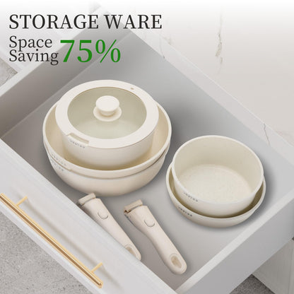 JEETEE Pots and Pan Set Non Stick 19 Pcs, Cookware Set Detachable Handle, RV Kitchen Cooking Set Removable Handles, Stackable Non-stick Set, Oven Safe, Beige