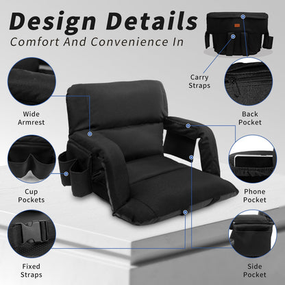 Aventorixis Extra Wide Stadium Seats with Back Support – 2 Pack Sofa-Style Bleacher Chairs, Thick Cushions, 6 Reclining Positions(Black-2 Pack,Wide|25")