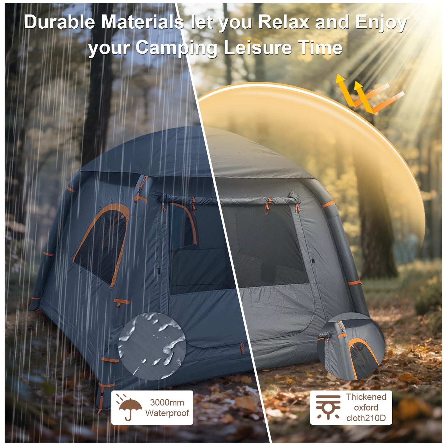 Inflatable Tent with Pump, 2-4 Person Glamping Camping Tents House, Easy Setup Blow Up Family Tents for 4 Seasons Waterproof Inflatable Tent for Camping with Mesh Windows.