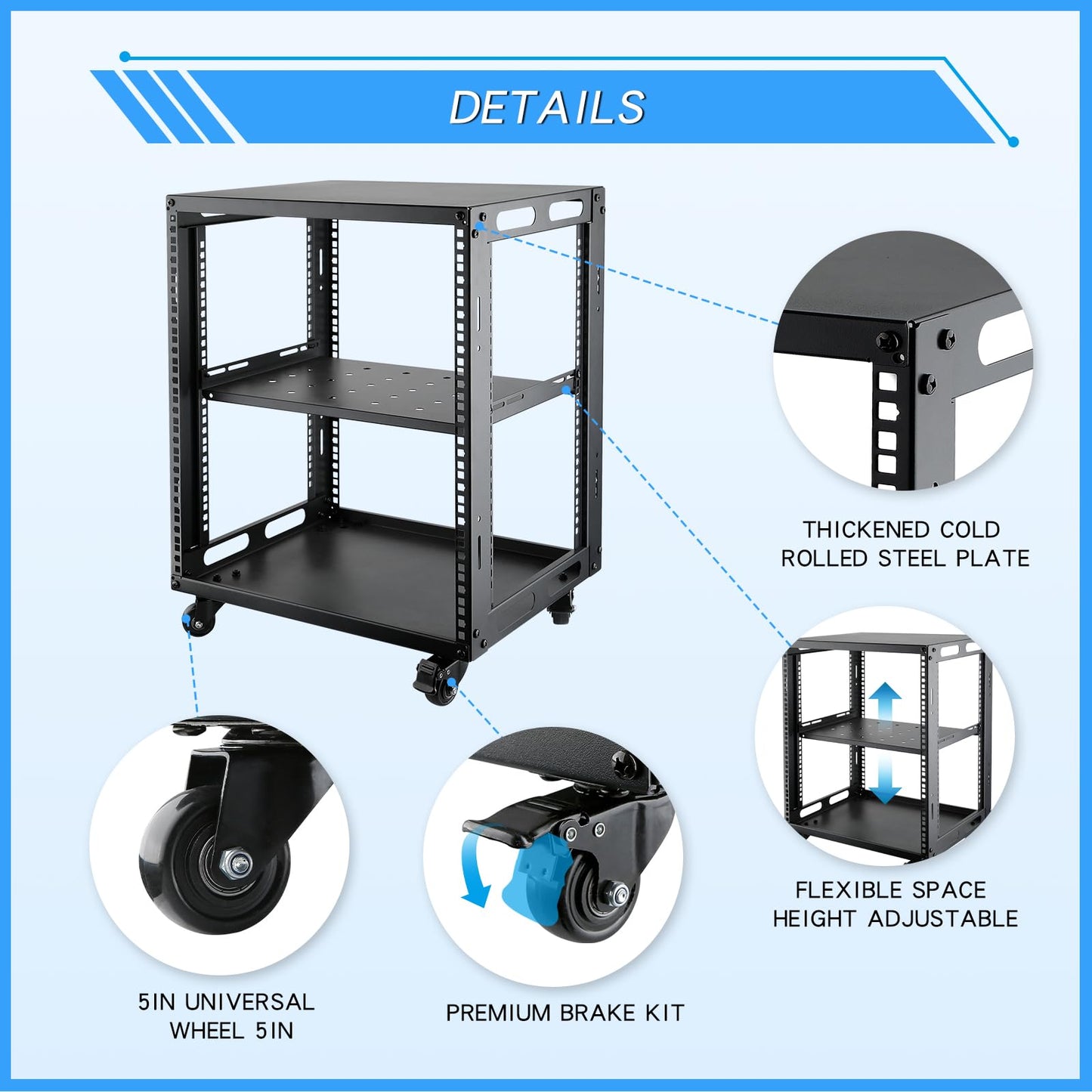 12U Open Frame Server Rack with Wheels Free Standing Network Server Rack for Servers & AV Gear Black
