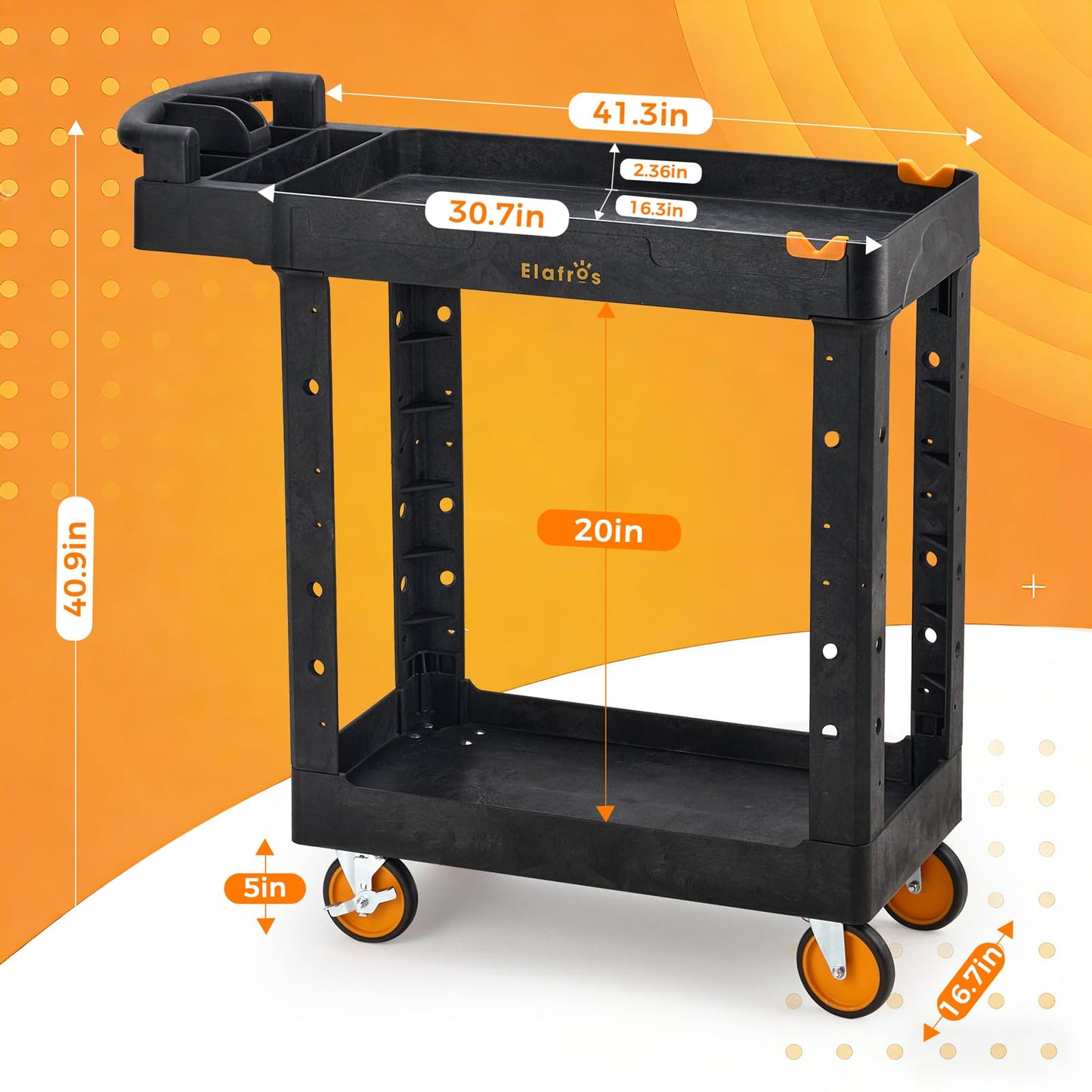 ELAFROS 2-Tier Utility Cart with Deep Shelves, Ergonomic Handle, 5" All-Swivel Wheels (2 with Brakes), Heavy Duty Rolling Cart Holds 550 lbs, 41.3 x 16.8 x 40.9 in