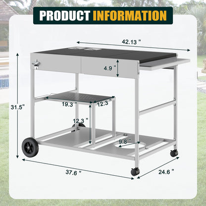 Shintenchi Pizza Oven Cart Table with Topping Station and Wheels, Outdoor Tabletop Grill Table Stand, Movable Food Prep Workcart Fits for Ninja Blackstone Woodfire Grill