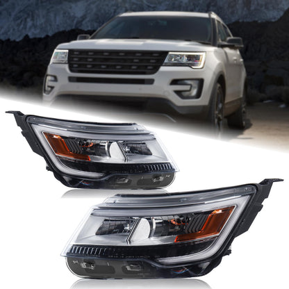 Duolctrams Pair W/O LED Module Chrome Bezel LED Headlights Assembly Compatible with 2016-2019 Ford Explorer Sport/Limited/XLT/Platinum 7-PIN FB5-Z130-08N FB5-Z130-08B FO2518130