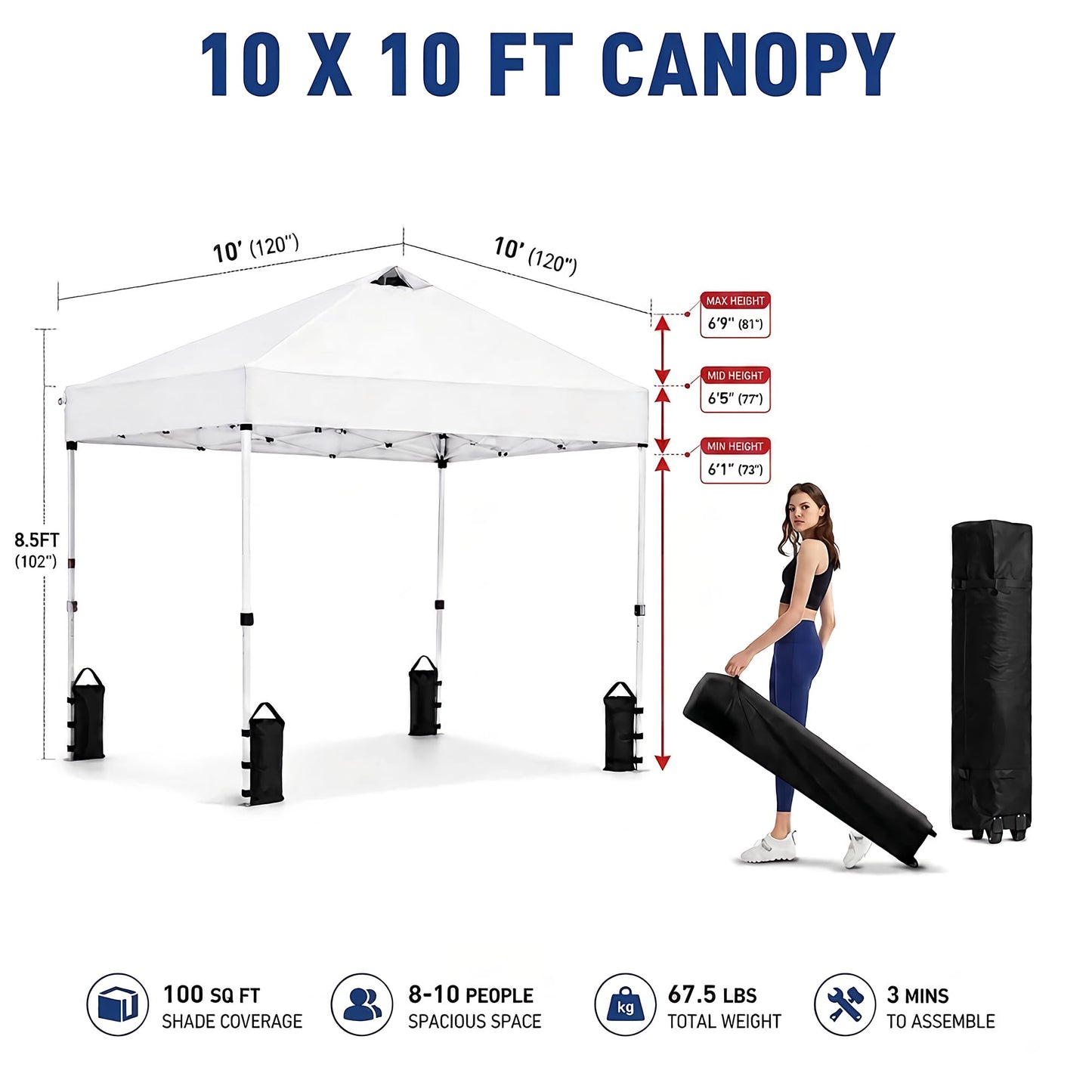 10x10 Pop Up Canopy Tent – One-Person Setup, Waterproof & UV-Blocking, Heavy-Duty Steel Frame, Wheeled Bag & Sandbags – Outdoor Shelter for Party, Camping, Beach, Outside Events (White)