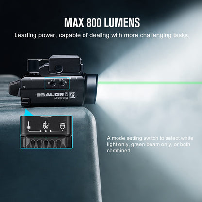 OLIGHT Baldr S 800 Lumens Compact Rail Mount Weaponlight with Green Beam and White LED Combo, Magnetic USB Rechargeable Tactical Flashlight with 1913 or GL Rail, Battery Included (Black)