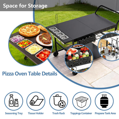 47" Outdoor Pizza Oven Table with Wheels, Pizza Oven Cart for Outside with Propane Tank Holder, Heavy Duty Pizza Oven Stand Prep Table for BBQ Patio Backyard Cooking