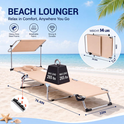 Karenhi 3 Pcs Beach Lounge Chair Set with Table and Face Hole, Adjustable Tanning Recliner with Canopy, 2 Replaceable Towels Portable Folding Design for Outdoor, Poolside, Patio and Sunbathing