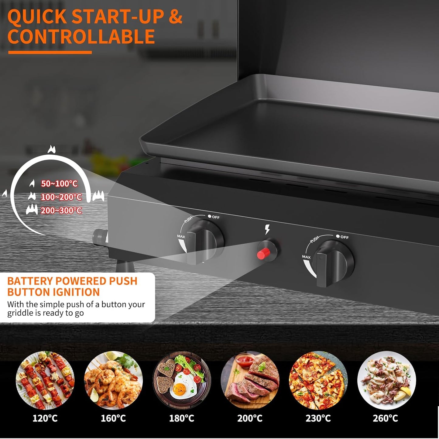 SKOK 23.3 Inch Gas Griddle - Portable Flat Top Grill with Hood for Camping & Tailgating, 45,000 BTU Output