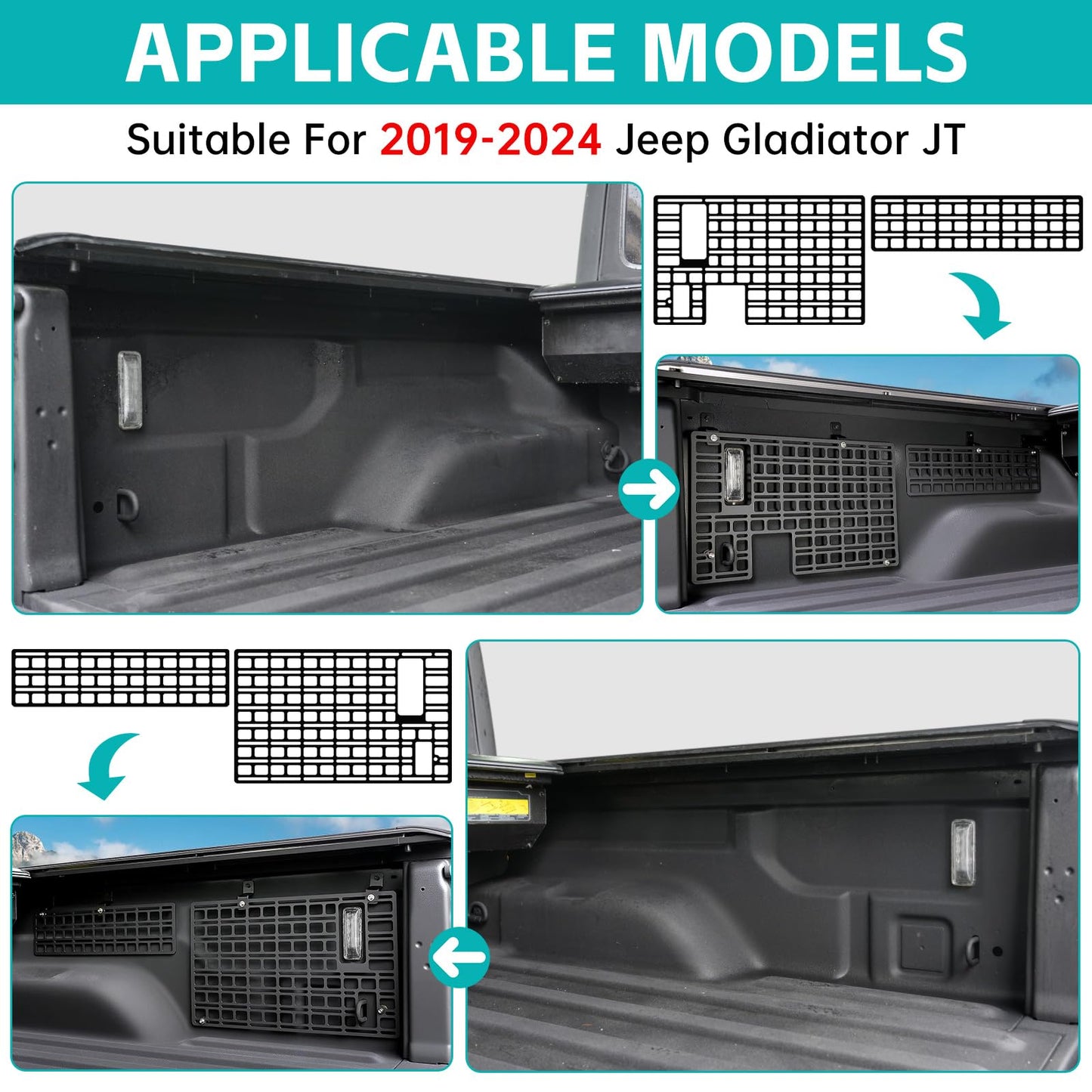 OUSUWO Side Truck Bed Molle Panel Rack System Compatible with 2019-2024 Jeep Gladiator JT 5FT Accessories Cargo Storage Organizer Tools Rack Fit for 19-24 Gladiator JT Accessories (Not Fit 2025)