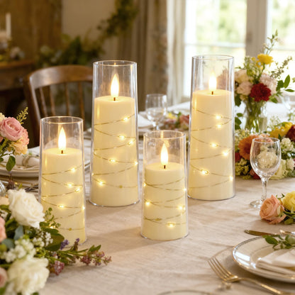 Raycare Flameless Candle with Remote Timer – 9 Flickering Acrylic Battery Operated LED Pillar Candles with Embedded Star String for Christmas, Wedding, Home Decor, and as a Gift (Ivory White)