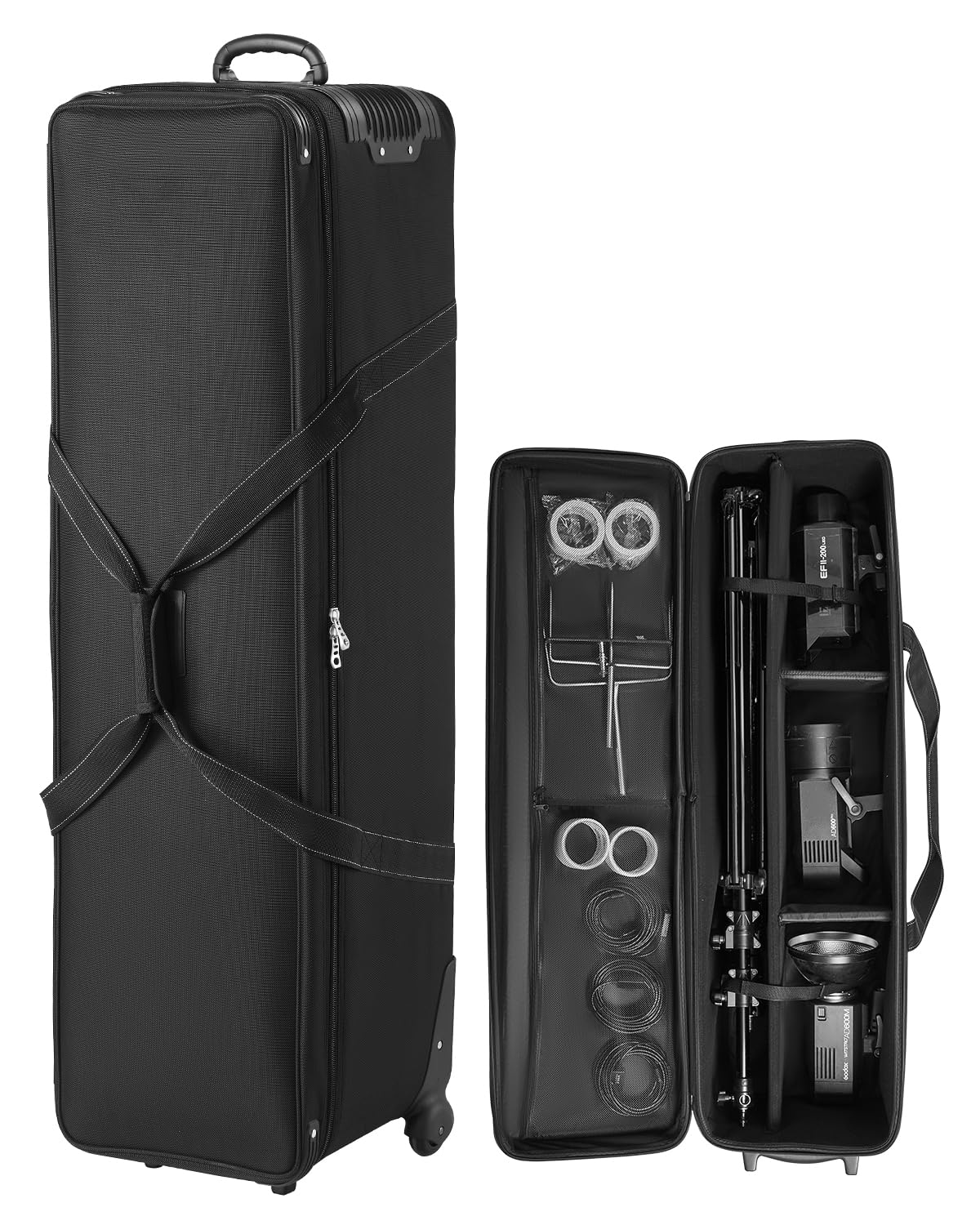 VEVOR Studio Equipment Trolley Case, 51.57 x 14.37 x 14.96 in / 131 x 36.5 x 38 cm, Rolling Camera Bag, Carrying Bag with Wheels Straps Padded Compartment Handle, for Light Stands, Tripods, Telescopes
