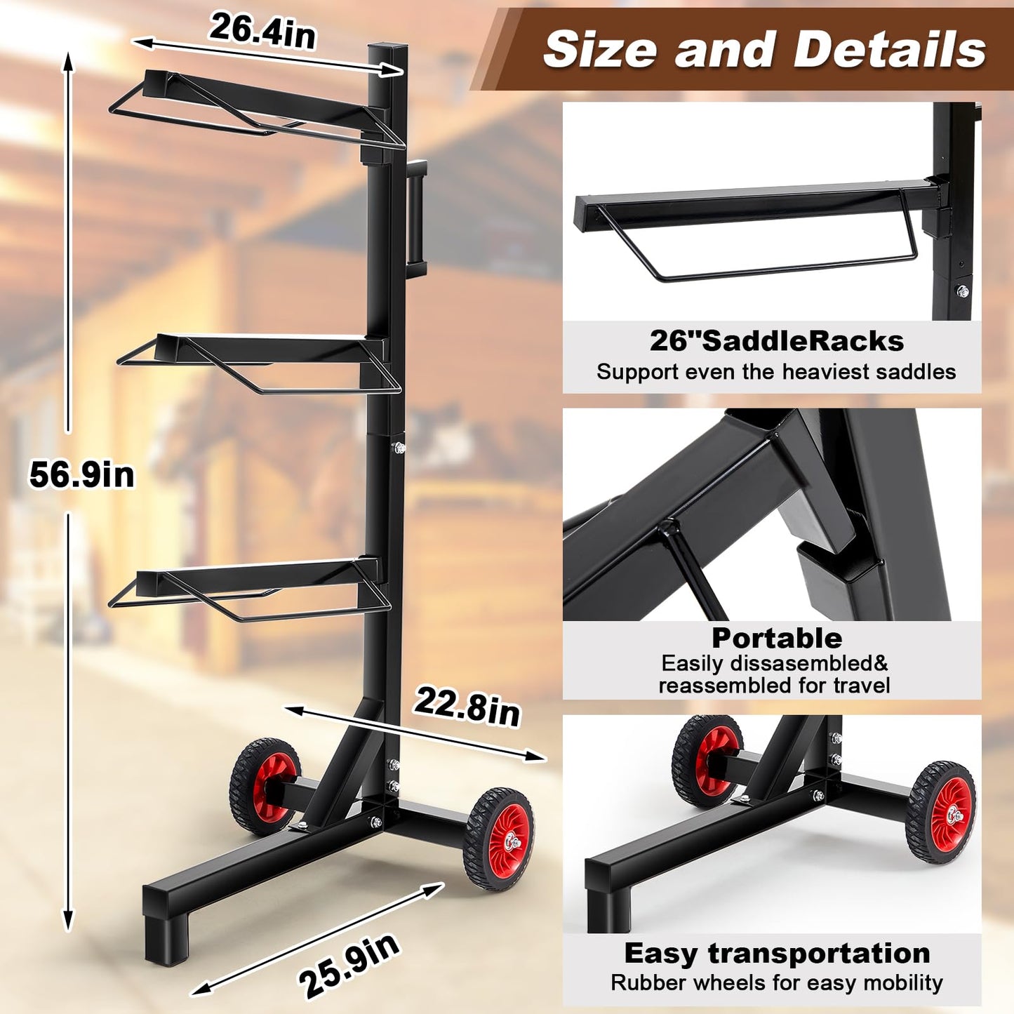 Abbylike 3 Tier Saddle Rack Stand with Wheels Portable Heavy Duty Saddle Pad Rack Horse Tack Storage for English Western Horses Blanket Stall Supplies Accessories
