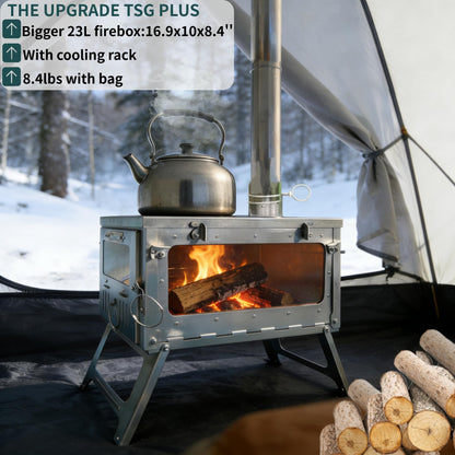 DANCHEL OUTDOOR TSG PLUS Portable Large Titanium Tent Wood Stove for Camping Backpacking, Folding Lightweight Hot Tent Stove with 8.2ft Rollable Chimney Pipe Cooking Hiking,8.16lbs 23L