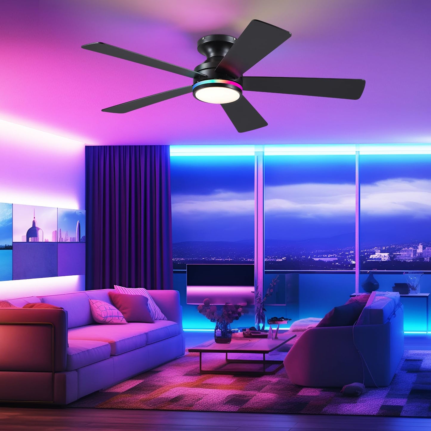 BYKISTOK 46In RGB Ceiling Fans with Lights - Black Flush Mount Ceiling Fan Light with Remote/APP, RGB+3CCT 6 Wind Speeds, Modern Low Profile Fan Light Fixture for Party, Kid's Room