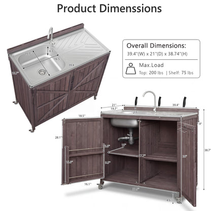 Merax Farmhouse 39.4" Outdoor Grill Cart with Stainless Steel Sink & Back Splash, Wood Rolling BBQ Prep Table w/Storage Cabinet & 4 Lockable Wheels for Patio and Outdoor Cooking,Dark Brown