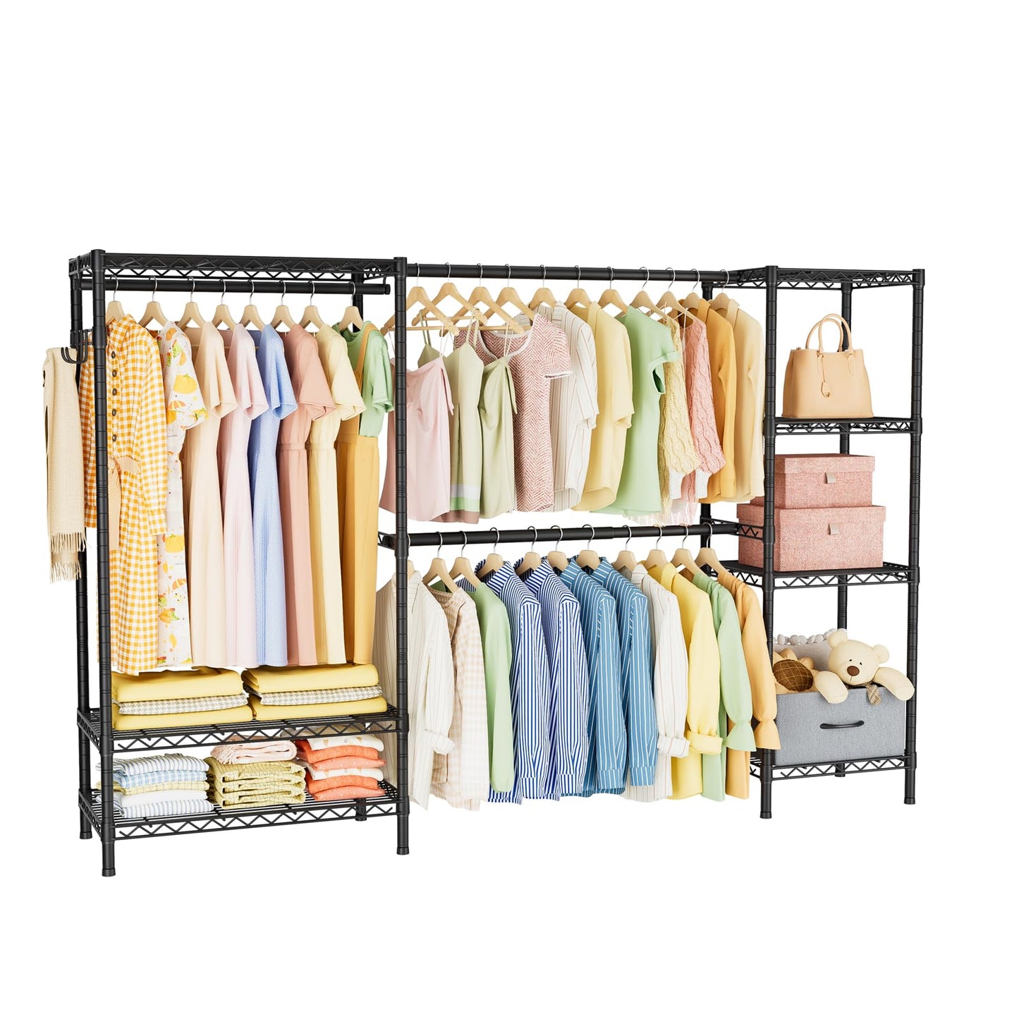 Golpart Coat Rack Clothes Wardrobe：Closet Organizer and Storage Clothing Garment Rack with Shelves Heavy Duty for Hanging Clothes Portable Adjustable Black 15.8" Dx(70-88.5)" Wx76.5 H