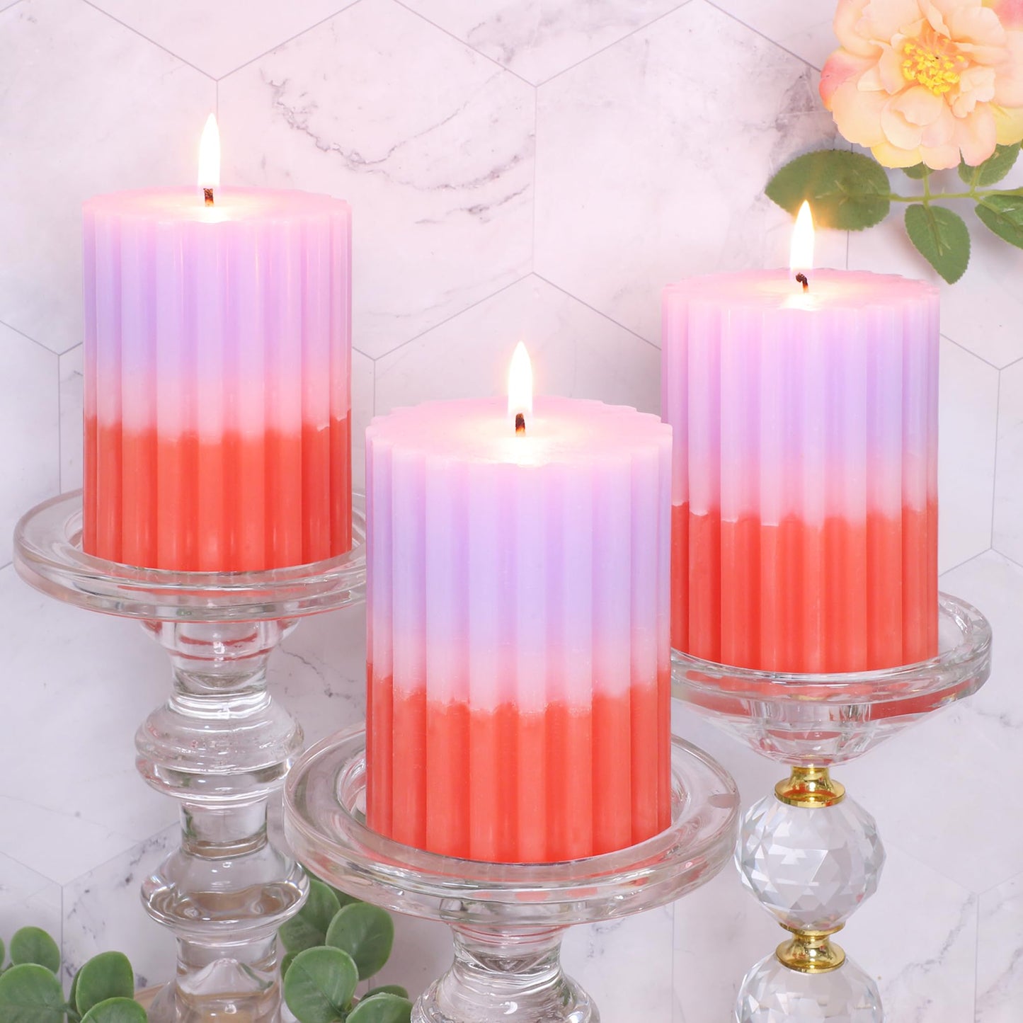 FLAVCHARM Ribbed Pillar Candles Purple Coral Gradient Vanilla Scented 3x4 Inch Candle Handmade Striped Aesthetic Retro Textured Pillar Candle for Boho Home Decor, Coffee Table, Weddings Party, 3-Pack