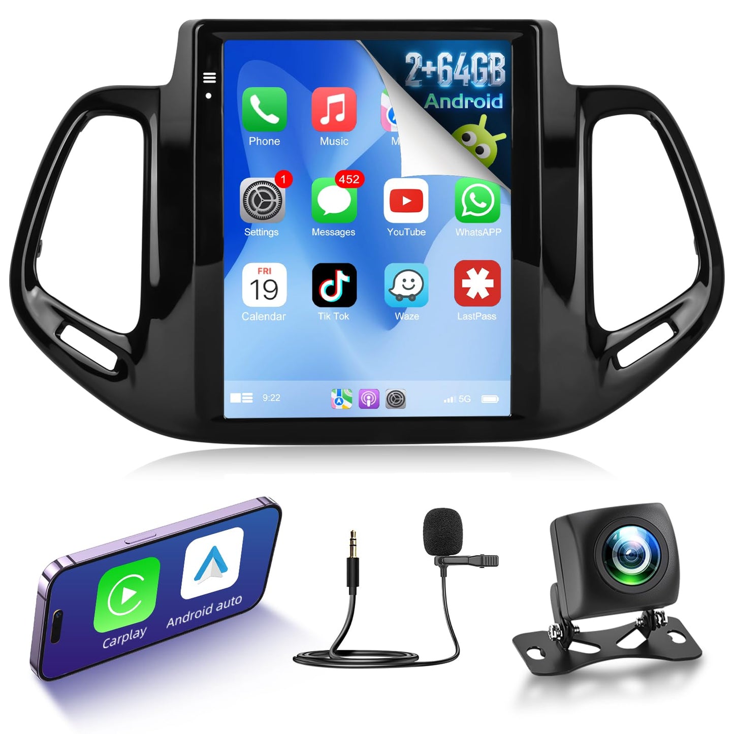 2G+64G 9.7 inch Screen for Jeep Compass Radio 2017 2018 2019, Android Touch Screen Compass Car Stereo, Carplay/Android Auto/Bluetooth/EQ Audio/SWC