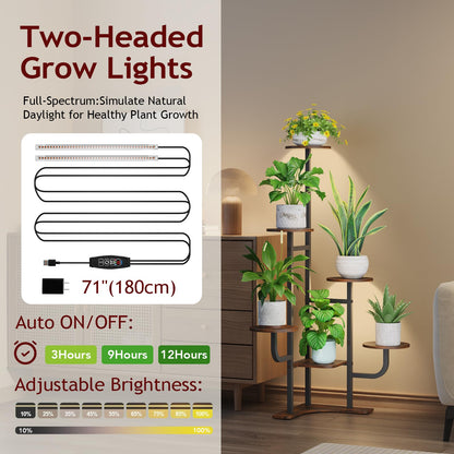 Homsorout Corner Plant Stand with Grow Light - 6 Tier Plant Stand Indoor Round Metal Plant Shelf with Adjustable Light, Plant Organizer for Living Room, Graden, Home Decor (Brown)