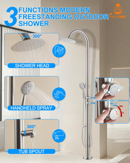 RALANDA Free Standing Outdoor Shower, 5-Function Shower Kit Nickel with 10''Rain Shower Head, Stainless Steel Outdoor Shower Fixture for Backyard Beach Poolside,Floor Mounted