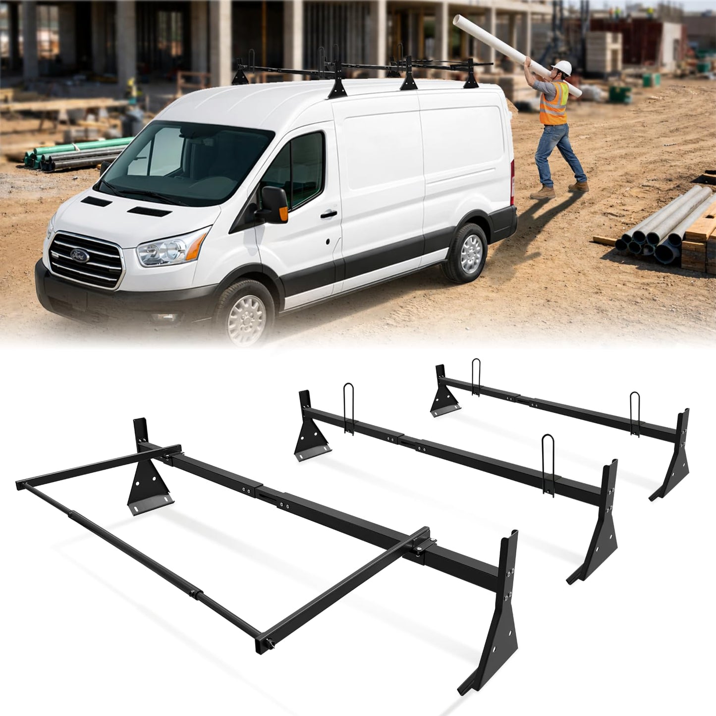 Van Ladder Roof Racks with Rear Roller, 3 Bars Adjustable with Ladder Stoppers, Fit Chevy Express Fullsize Van 1996-Up,Suitable for Vans with Rain Gutter only,800LB Load-Capacity