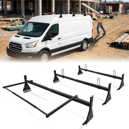 Van Ladder Roof Racks with Rear Roller, 3 Bars Adjustable with Ladder Stoppers, Fit Chevy Express Fullsize Van 1996-Up,Suitable for Vans with Rain Gutter only,800LB Load-Capacity