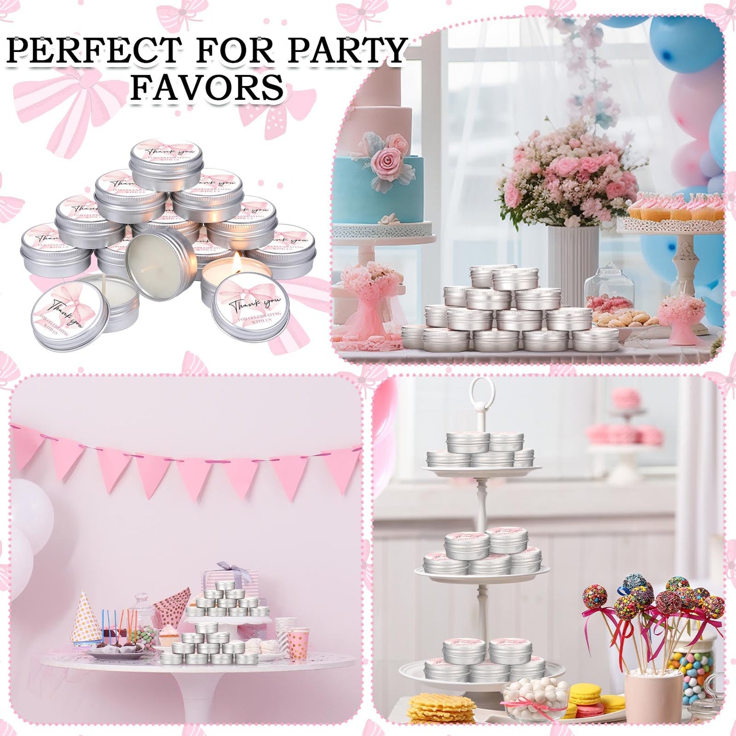 MTLEE 50 Pcs Bow Baby Shower Favors Scented Candles Gift Travel Tin Candle Aromatherapy Candle Favors for Baby Shower Wedding Gifts Compound Scent Essential Oil 1.57 x 0.67''