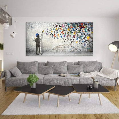 Home Decor Graffiti Canvas Wall Art for Living Room Boy Painting Butterflies Pictures Modern Street Graffiti Artwork Prints, Framed 48" x 24"