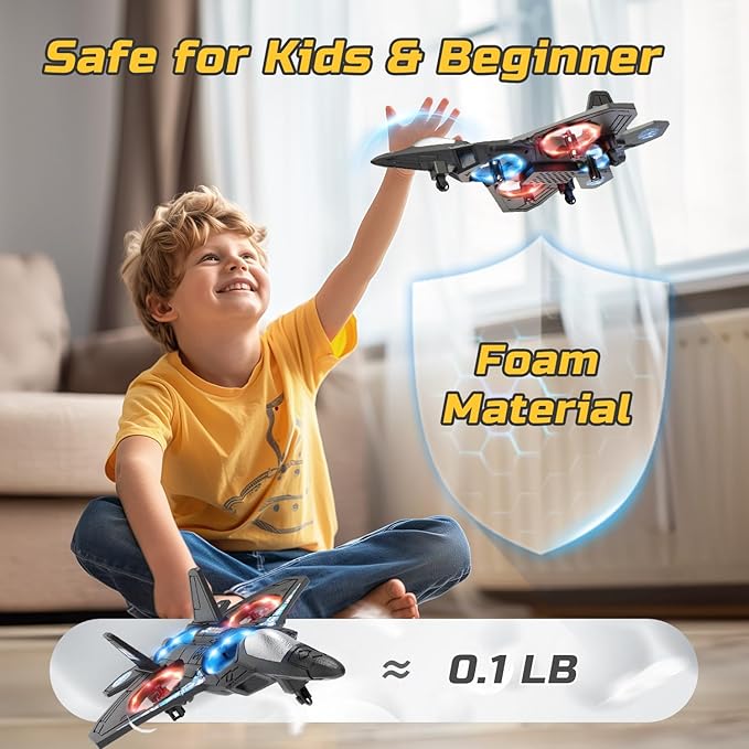 Foam RC Airplane Drone for Kids Remote Control Helicopter Toy Plane Fighter Jet with LED Light Auto Hover 360°Flip 2 Batteries (16 Mins Flight) Easy to Fly for Beginners
