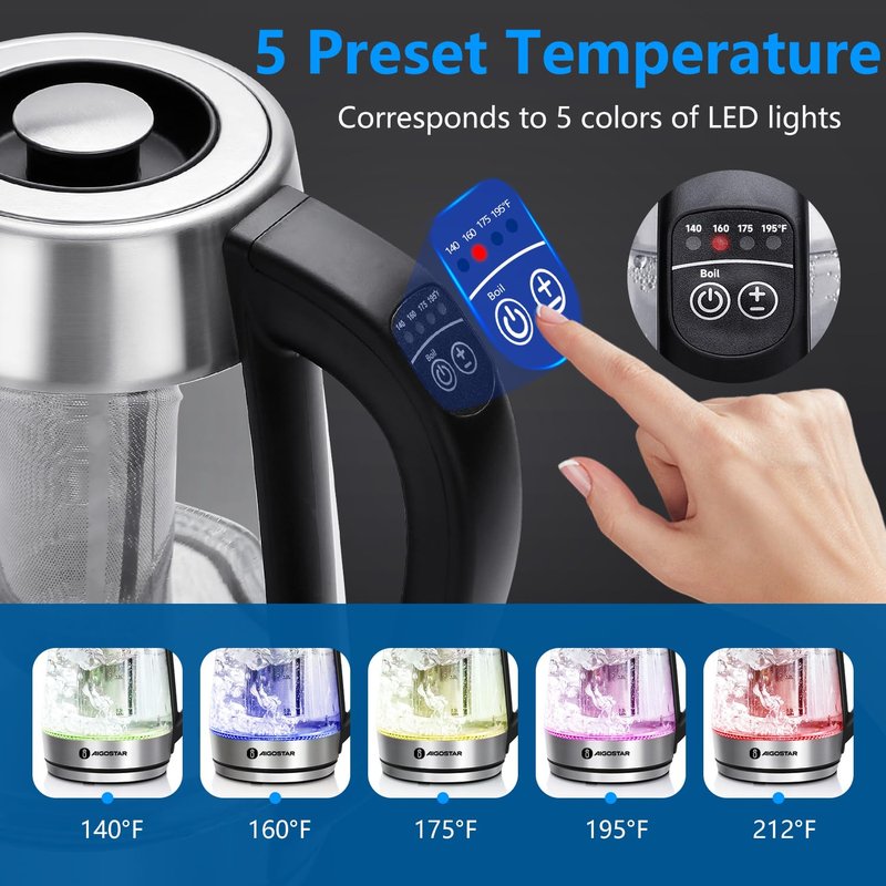 Aigostar Electric Kettle, Tea Kettle with Temperature Control and Tea Infuser, 1500W Hot Water Kettle with Variable Temperature, Keep Warm Function, LED Indicator Light Change, Auto Shut-Off, 1.7L