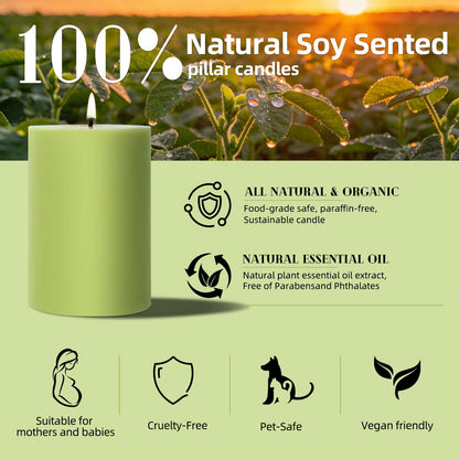 4 Pack Sage & White Tea Scented Pillar Candles-2.8x4 Inch Sage Green Soy Wax Candles-240 Hour Long Lasting Burning,Spring Aromatherapy, Non-Toxic & Smokeless for Home Decor, Dinner,Stress Relief&Gift