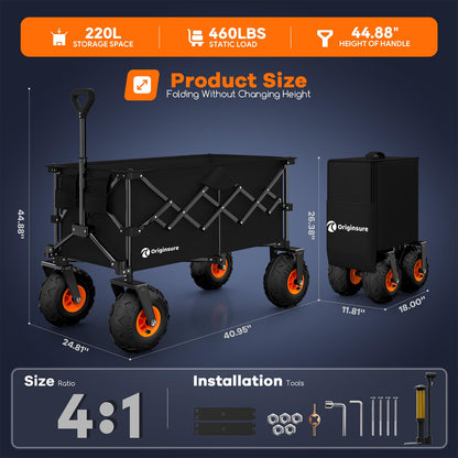 38"L Collapsible Beach Wagon with Big 10" Balloon Wheels for Sand, 460lbs Weight Capacity 220L Wagons Carts Foldable Heavy Duty with All Terrain Tires, Folding Cart for Camping, Grocery, Sport - Black
