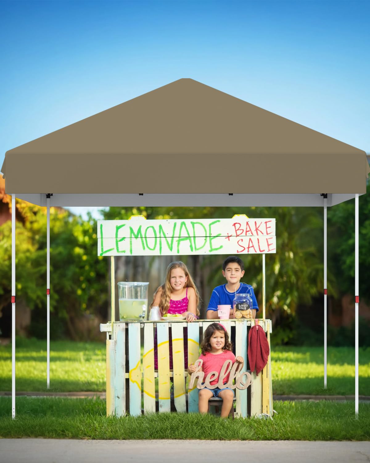 GarveeLife 10x10 Pop Up Canopy with One Button Push Setup - Heavy Duty Outdoor Canopy Tent with Portable Roller Bag - 3 Adjustable Height, 4 Weight Bags, 8 Stakes & 4 Guy Ropes Included, Khaki