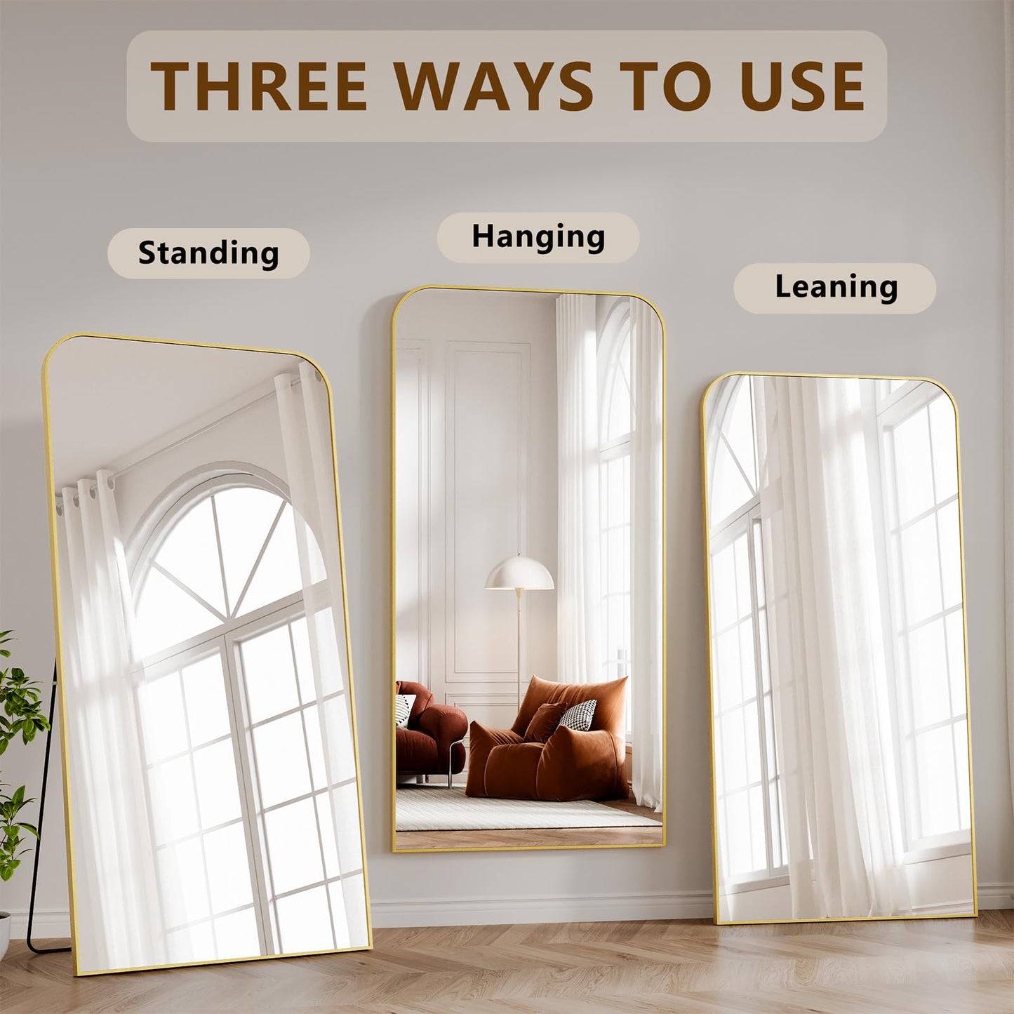 Koonmi Full Length Mirror, 80"x36" Mirror Full Length with Stand, Gold Domed Top Square-Edged Floor Mirror with Aluminum Alloy Frame for Bedroom Living Room