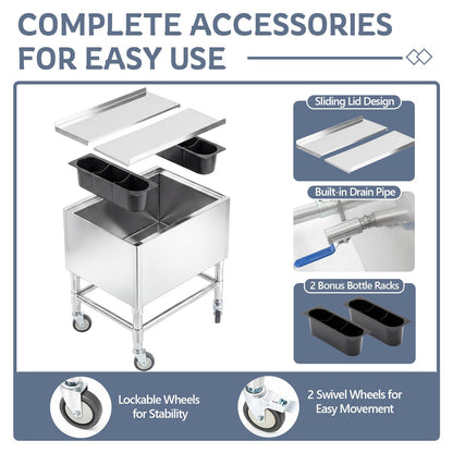 BreezeHug 18.5 x 24 x 30 Inches Commercial Ice Bin with Wheels, Underbar Stainless Steel Ice Chest with Sliding Lid, Cooler Cart Cocktail Unit for Bar Restaurant Pub and Hotels