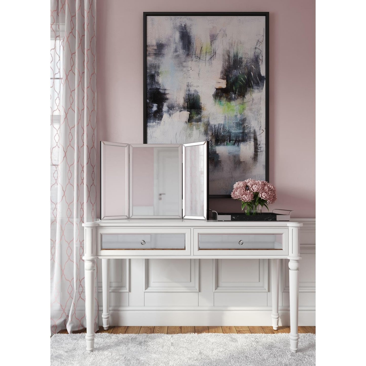 Howard Elliott Collection Tripoli Trifold Vanity Mirror 3 Way TableTop Bedrooms, Bathroom, Makeup Portable Cosmetic & Makeup Mirror with Beveled Edges Tri-fold Mirror, 31 Inch x 21 Inch