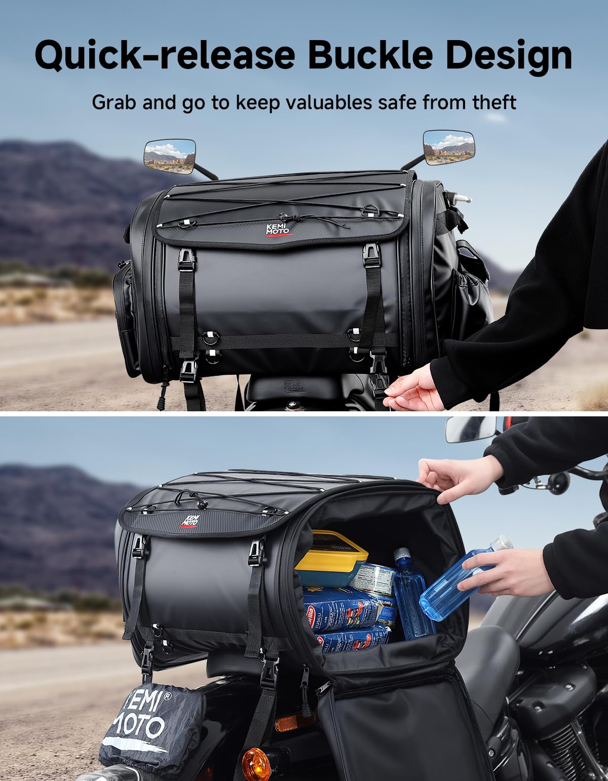 KEMIMOTO Motorcycle Travel Luggage Bags, Expandable Large Capacity Motorcycle Tail Bag, Waterproof Rear Rack Trunk, Motor Pannier Bag with Rain Cover and Straps 60L-80L