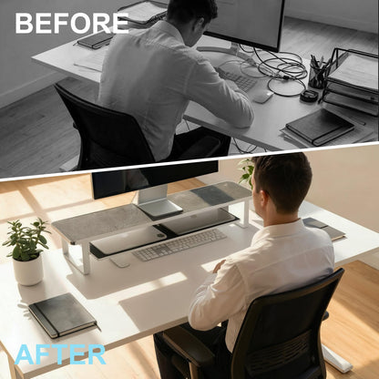 ERGO COLLECT Carbon Steel Dual Monitor Stand Riser, 31.5 Inch Extra Wide & Thick Heavy Duty 2 Tier Desktop Organizer with Pull Out Storage Drawer, Ergonomic Desk Stand for Curved & Gaming Monitors Home Office