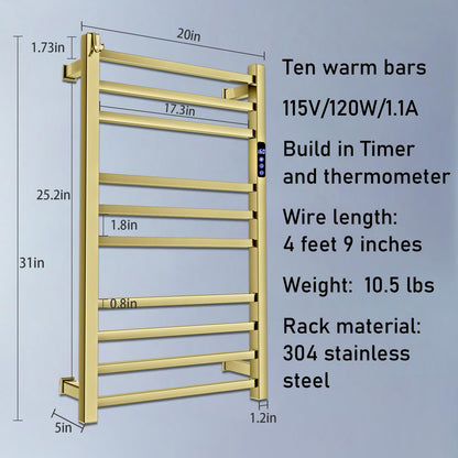 XBVV Towel Warmer Rack for Bathroom with Timer/Fahrenheit Temperature Control Wall Mounted Electric Heated 10 Bar Rail Plug-in or Hardwired Keep Bath Shower Towel Warming (Brushed Gold)