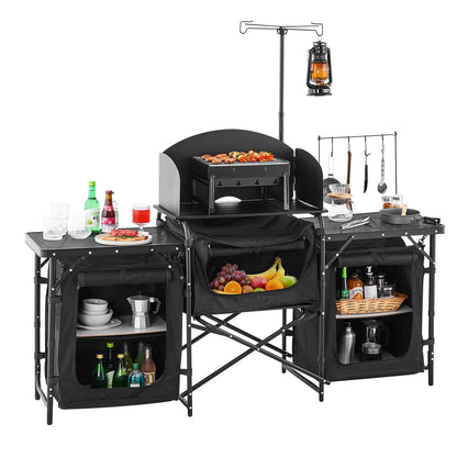 VEVOR Camping Kitchen Table, Outdoor Camp Cooking Table, Aluminum Portable Cook Station with 3 Storage Cupboard, Carrying Bag, Detachable Windscreen, Quick Set-up for BBQ Party Picnic RV Travel, Black