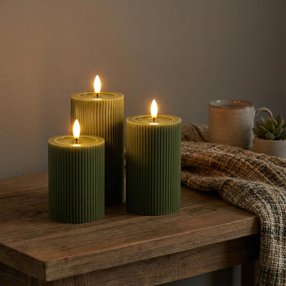WYZworks Ribbed Fluted Real Wax Flameless LED Pillar Candles, Loden Sage Olive Green, Melted-Wax Top Look, Flickering Flame, Battery Operated, Remote & Timer, Shelf & Wedding Decor (Set of 3)